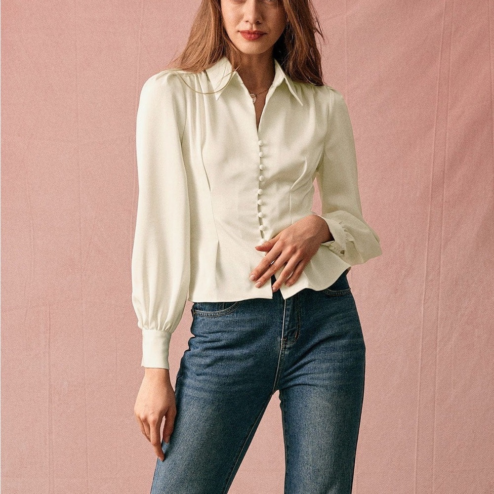 Rihoas Solid Collared Puff Sleeve Satin Blouse